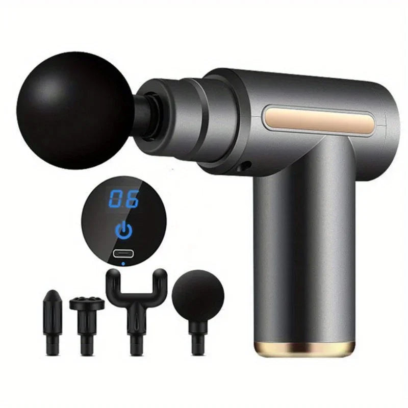 Pistola de Masaje Muscular Portátil – Percusión Profunda, Pantalla LED y 4 Cabezales