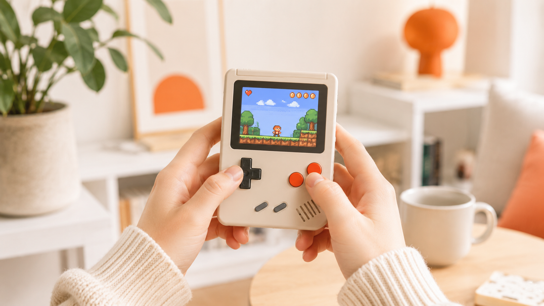 Consola retro portátil con juegos clásicos en pantalla