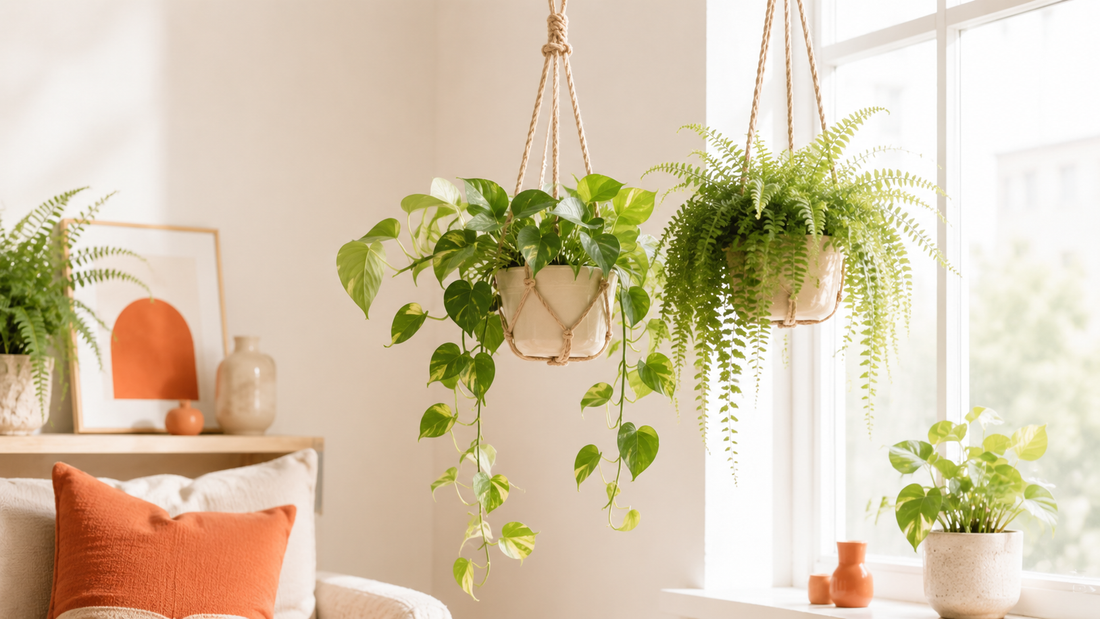 Maceteros colgantes con plantas decorando un interior
