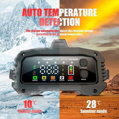 Cargador de Batería Inteligente 25A/15A – Autos y Motos 12V/24V, 8 Etapas, Booster de Arranque y Reparación por Pulsos