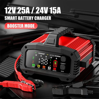Cargador de Batería Inteligente 25A/15A – Autos y Motos 12V/24V, 8 Etapas, Booster de Arranque y Reparación por Pulsos
