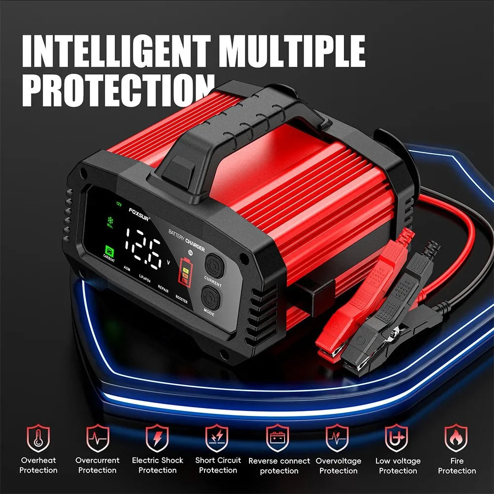 Cargador de Batería Inteligente 25A/15A – Autos y Motos 12V/24V, 8 Etapas, Booster de Arranque y Reparación por Pulsos
