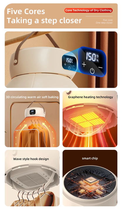Secadora de Ropa Portátil Plegable – Secado Rápido por Aire Caliente, Temporizador Digital y Luz UV