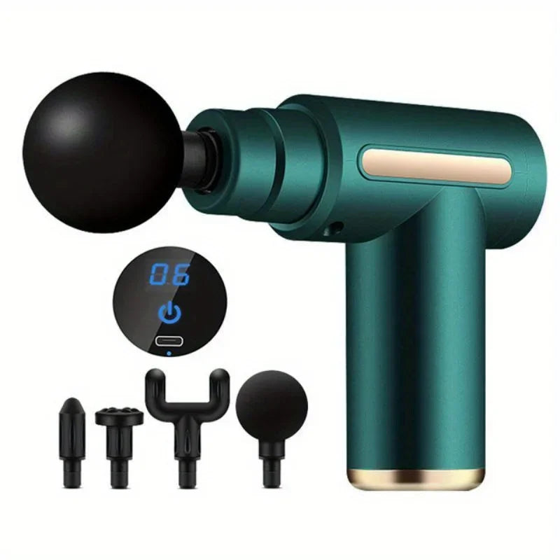 Pistola de Masaje Muscular Portátil – Percusión Profunda, Pantalla LED y 4 Cabezales