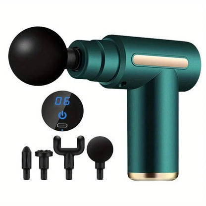 Pistola de Masaje Muscular Portátil – Percusión Profunda, Pantalla LED y 4 Cabezales