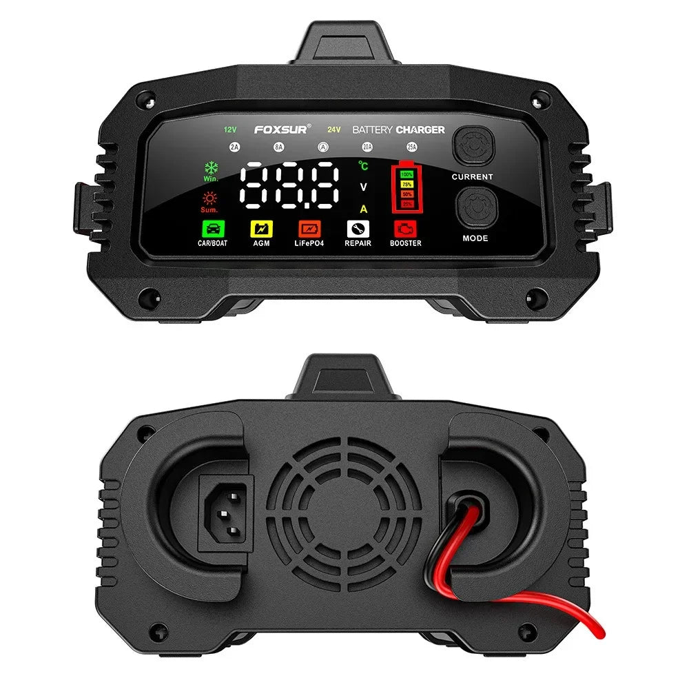Cargador de Batería Inteligente 25A/15A – Autos y Motos 12V/24V, 8 Etapas, Booster de Arranque y Reparación por Pulsos