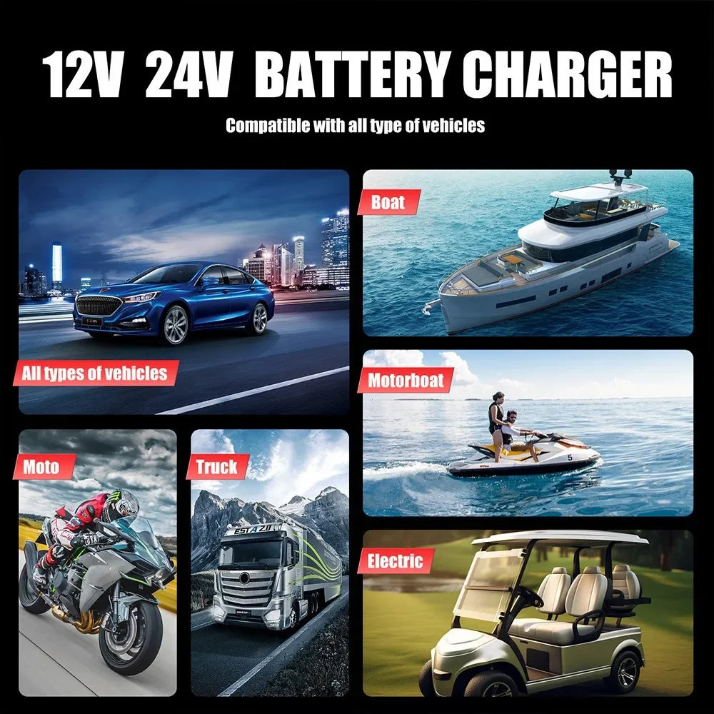 Cargador de Batería Inteligente 25A/15A – Autos y Motos 12V/24V, 8 Etapas, Booster de Arranque y Reparación por Pulsos