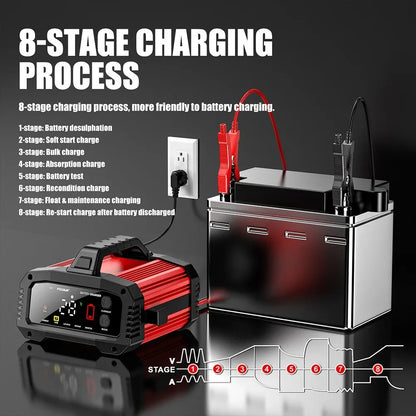 Cargador de Batería Inteligente 25A/15A – Autos y Motos 12V/24V, 8 Etapas, Booster de Arranque y Reparación por Pulsos