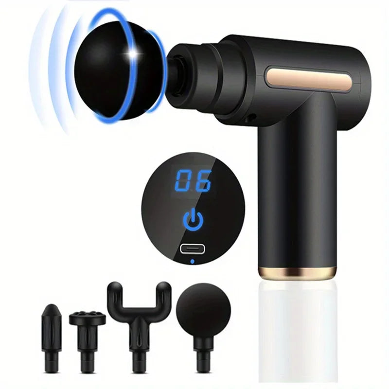 Pistola de Masaje Muscular Portátil – Percusión Profunda, Pantalla LED y 4 Cabezales