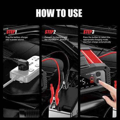 Cargador de Batería Inteligente 25A/15A – Autos y Motos 12V/24V, 8 Etapas, Booster de Arranque y Reparación por Pulsos