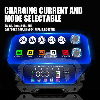 Cargador de Batería Inteligente 25A/15A – Autos y Motos 12V/24V, 8 Etapas, Booster de Arranque y Reparación por Pulsos