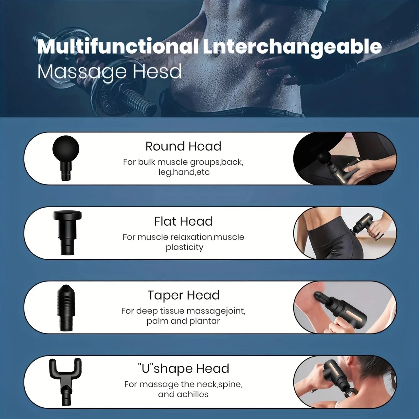 Pistola de Masaje Muscular Portátil – Percusión Profunda, Pantalla LED y 4 Cabezales
