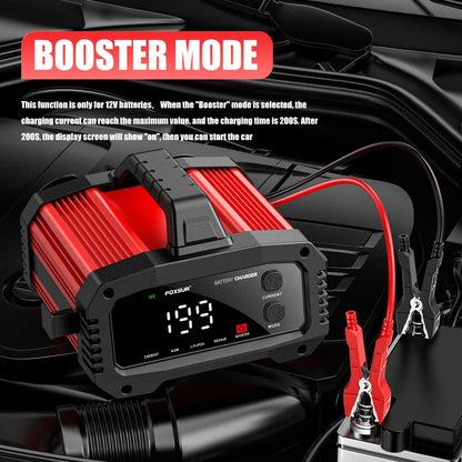 Cargador de Batería Inteligente 25A/15A – Autos y Motos 12V/24V, 8 Etapas, Booster de Arranque y Reparación por Pulsos