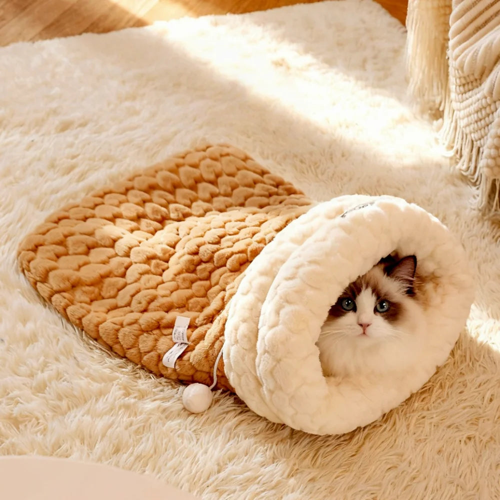 Cama Cueva Cerrada para Gatos – Saco de Dormir de Felpa Suave, Abrigado y Anti-Ansiedad