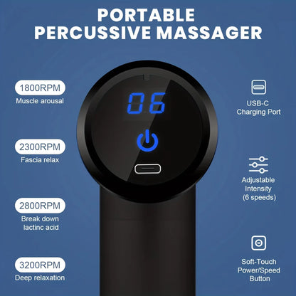 Pistola de Masaje Muscular Portátil – Percusión Profunda, Pantalla LED y 4 Cabezales